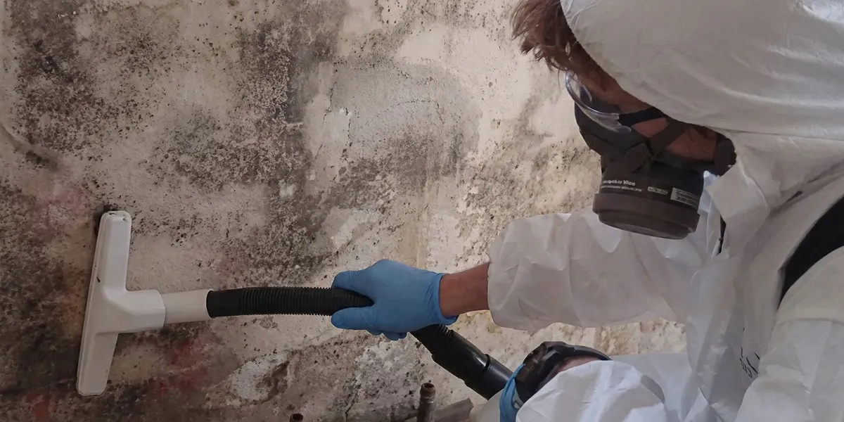 professional mold removal technician wearing protective equipment removing mold from a wall in Columbus, OH